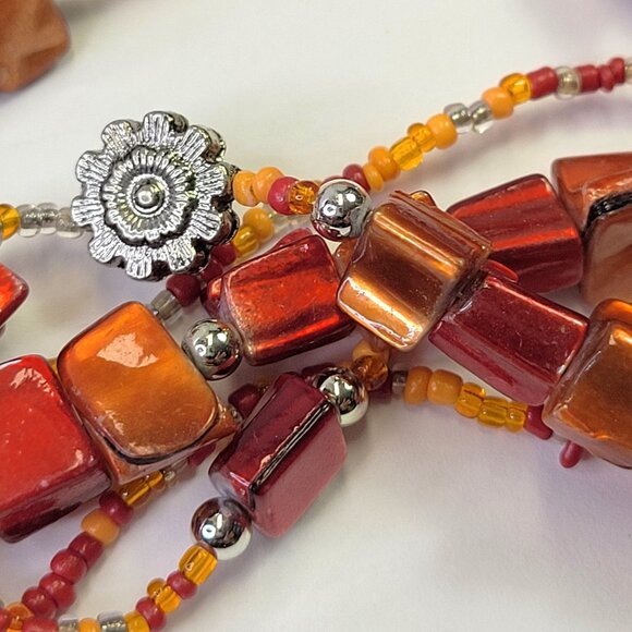 Iridescent Red Coral Floral Multi Strand Necklace With Earrings - Picture 8 of 13